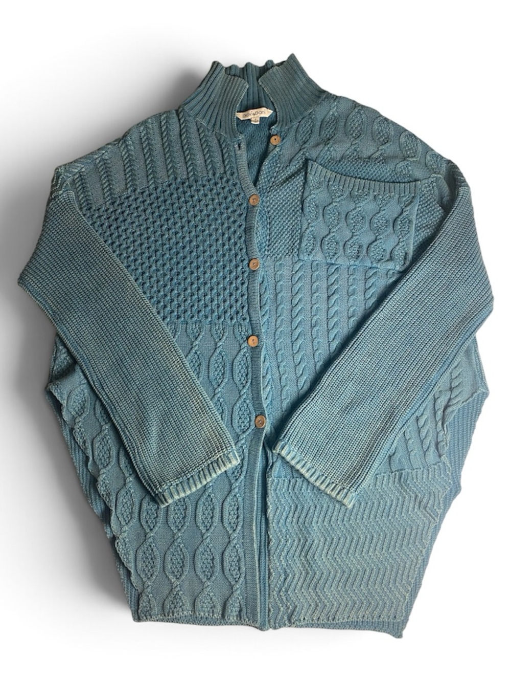 Davi & Dani Patchwork Cable Knit Button Up Collar Sweater Cardigan Teal Small